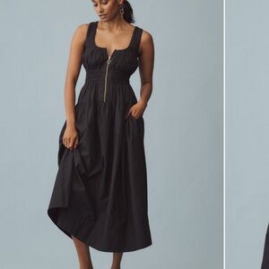 Scooped neck smocked poplin midi dress Anthropologie Black M